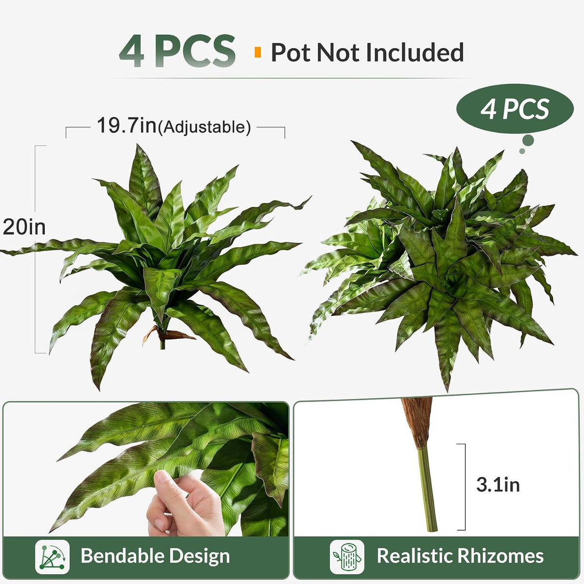 4 Pcs Artificial Greenery Stems Fake Bird Nest Fern Faux Branches Artificial Plants Realistic Fake Dracaena Realistic Plants for Indoor Outdoor Porch Patio Home Office Living Room Decor (Brown Green)