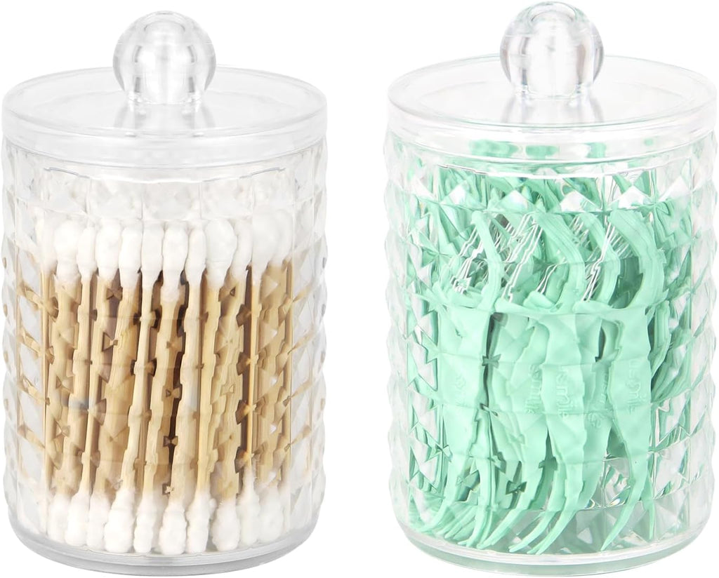 DAPOWER 2 Pack Qtip Holder Bathroom Storage Canister for Cotton Ball Cotton Swab Pads Floss, Small Plastic Jars with Lids (Clear, 2 Pack)
