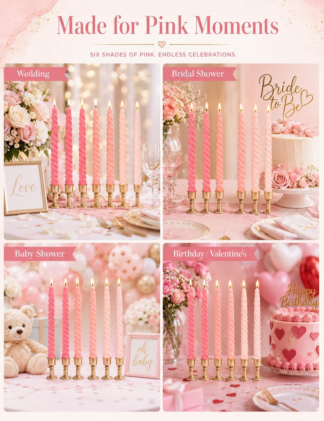 10 Inch Gradient-Pink Spiral Taper Candle Set, 6 Pack Unscented Dripless Candlesticks for Wedding, Holiday Décor, and Festive Dinners