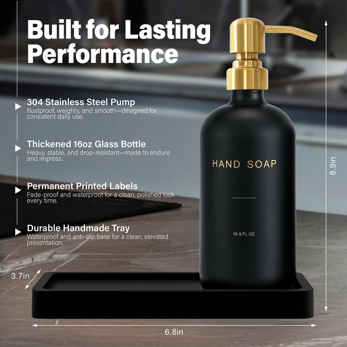 Prus Waso Black Soap Dispenser for Kitchen Sink, Gold & Black