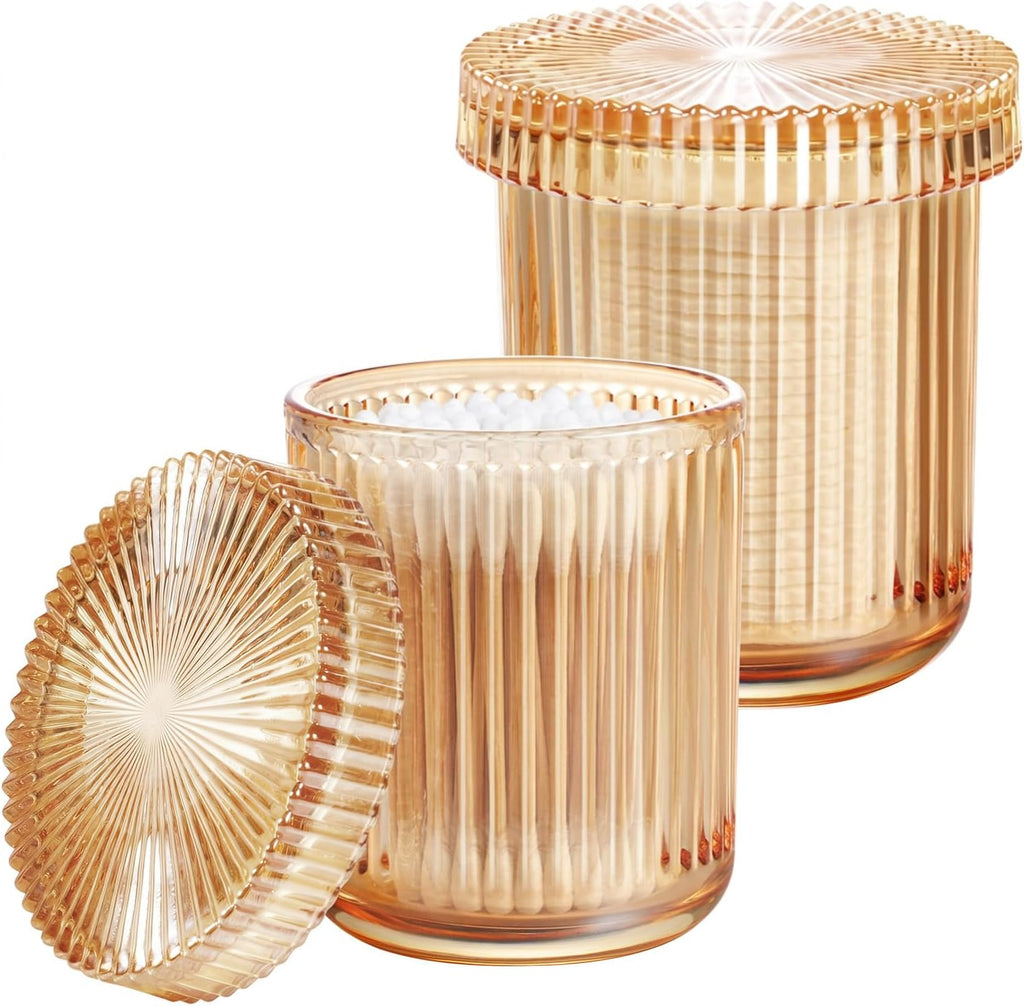 SheeChung 2 Pack Glass Qtip Holder Dispenser, Amber Apothecary Jars