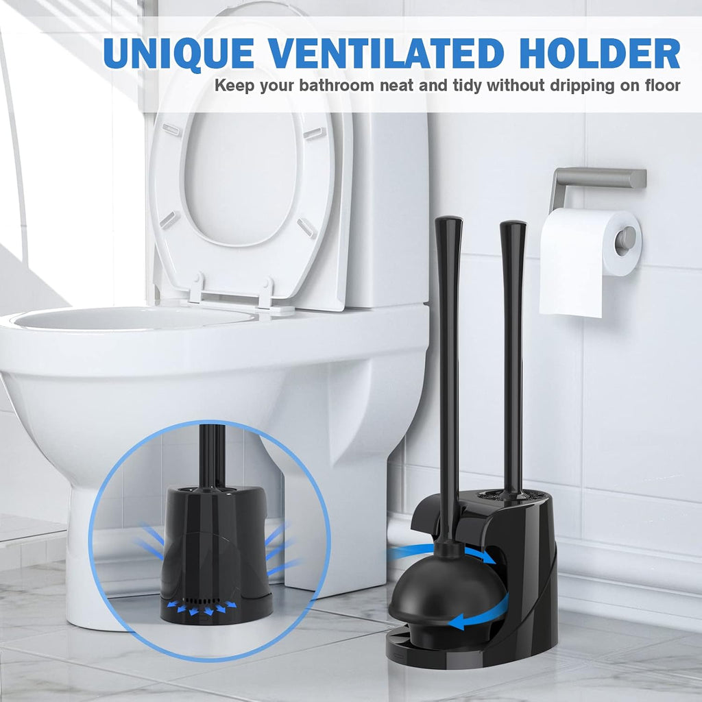 Toilet Plunger and Brush with Holder, Bowl Brush and Heavy Duty Toilet Plunger Set for 5.7-inch Toilet Drain, 2-in-1 Bathroom Cleaning Combo with Modern Caddy Stand (Black, 2 Set)