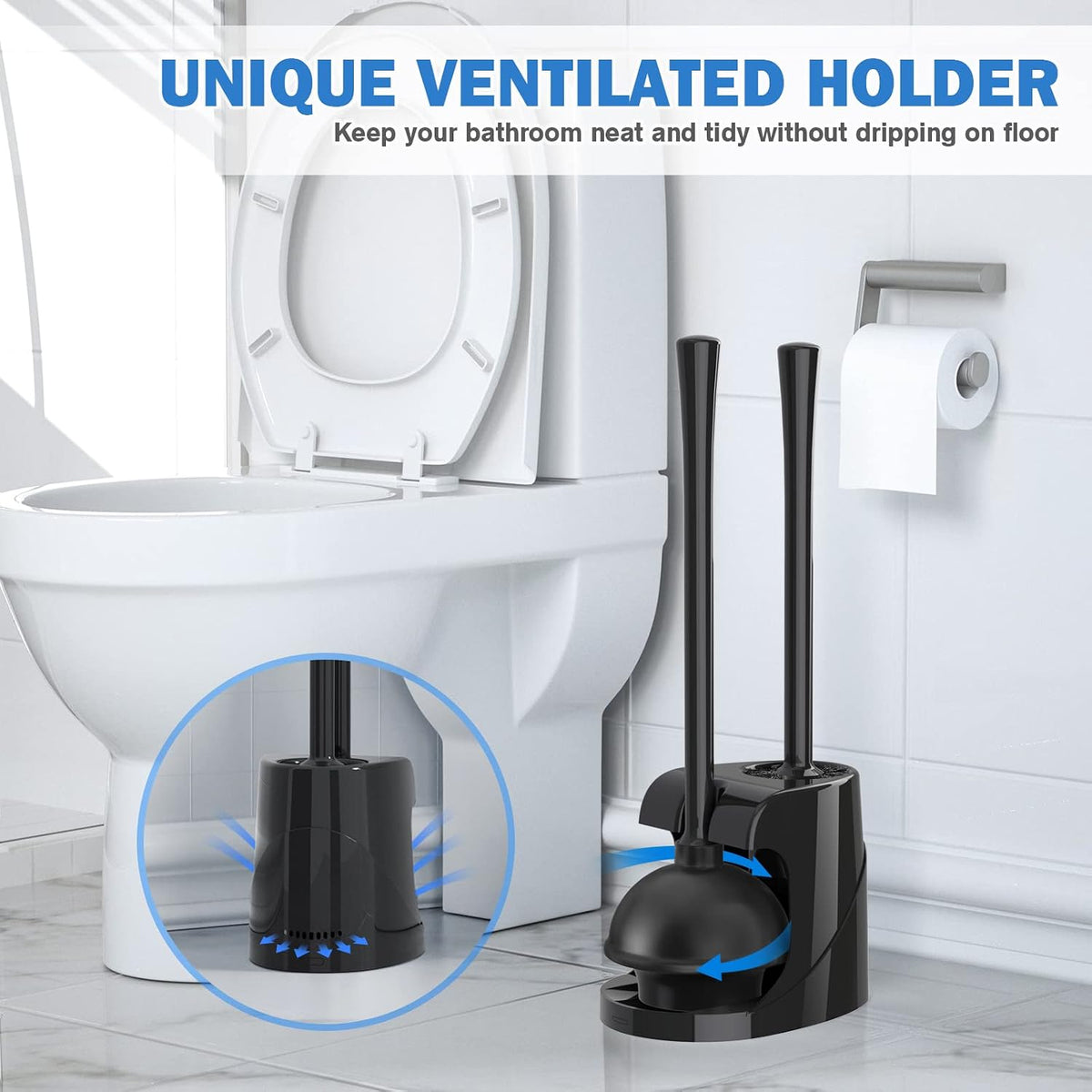 Toilet Plunger and Brush with Holder, Bowl Brush and Heavy Duty Toilet Plunger Set for 5.7-inch Toilet Drain, 2-in-1 Bathroom Cleaning Combo with Modern Caddy Stand (Black, 2 Set)