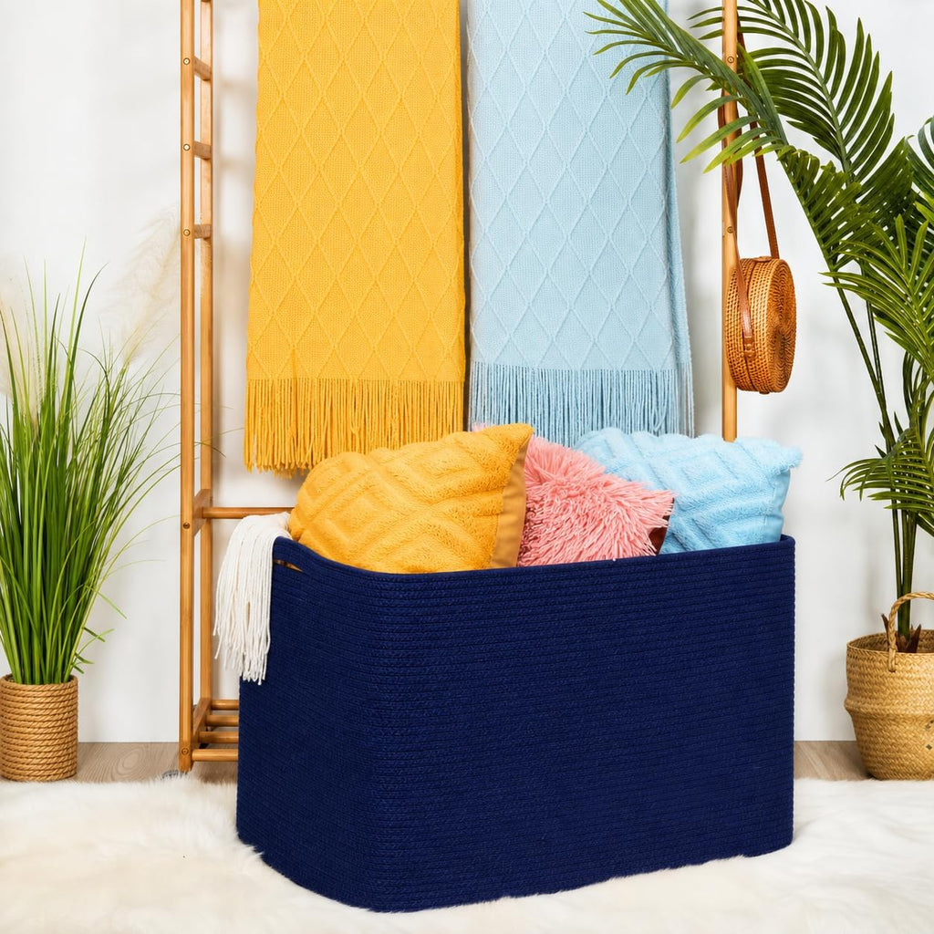 MINTWOOD Design 112L Extra Large Blanket Basket Holder Living Room, 25"x17"x16" Rectangle Rope Woven Storage Basket with Handles for Laundry, Towels, Shoes, Dog Toy Organizer Bin Box, Full Navy
