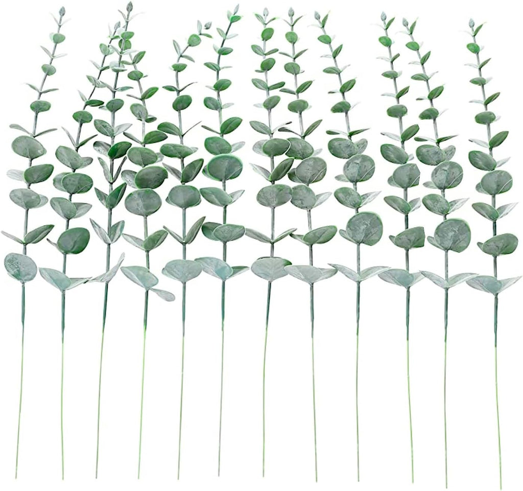 Eucalyptus Stems 12 PCS Artificial Leaves Home Office House Table Decor Wedding Bouquet Ceremony Party Flower Decoration Vase Forever Live Never Fade