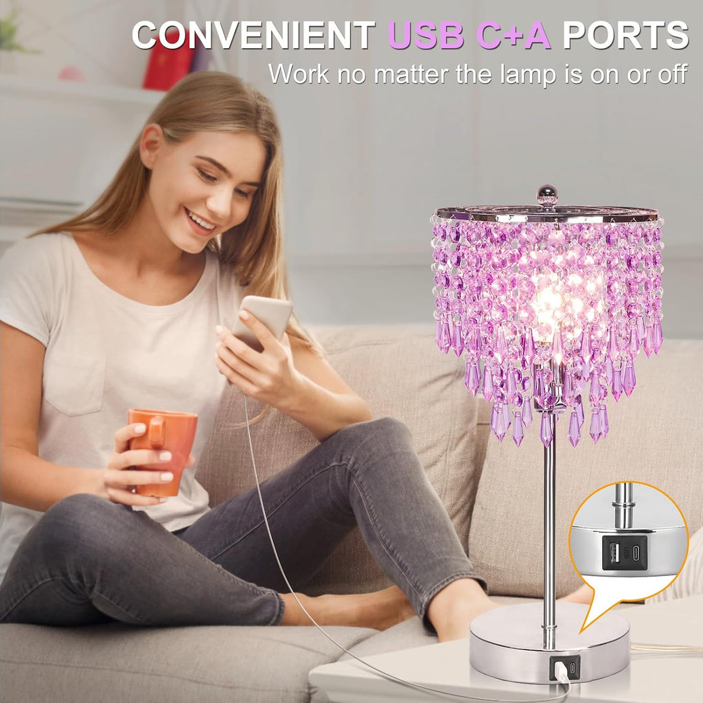USB Bedside Crystal Lamp, 3 Way Dimmable Touch Nightstand Lamp with USB C+A Charging Ports, Lavender Table Lamps Decorative Accent Lamps Silver for Bedroom, Living Room, Office, B11 LED Bulb Included