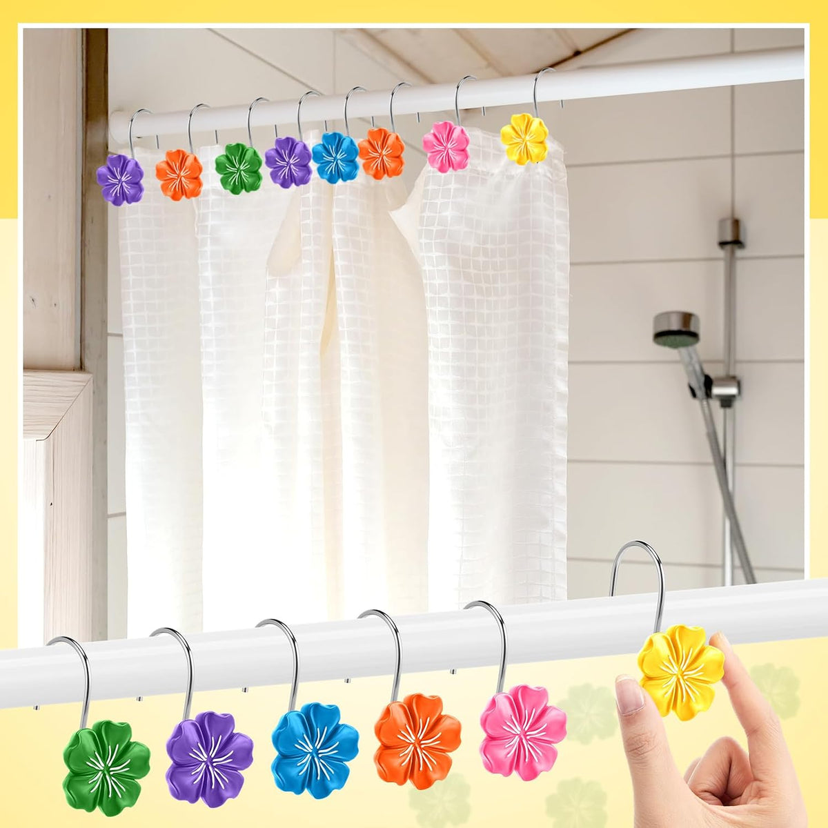 Yungyan 12 Pcs Summer Hawaiian Hibiscus Flower Shower Curtain Hooks Plumeria Flower Shower Hangers Luau Hawaii Curtain Hooks Tropical Decorative Ring for Summer Wedding Bedroom Bathroom Restroom Decor