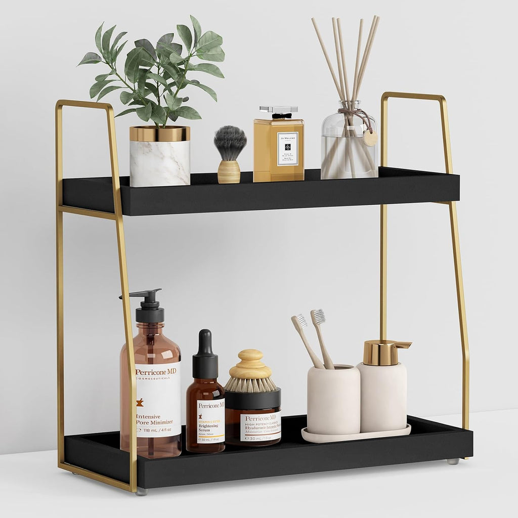 Forbena Black and Gold Bathroom Organizer Countertop, 2 Tier Counter Organizer for Bathroom Decor, Modern Sink Shelf Organizers for Vanity Storage, Make upTray for Makeup Bedroom