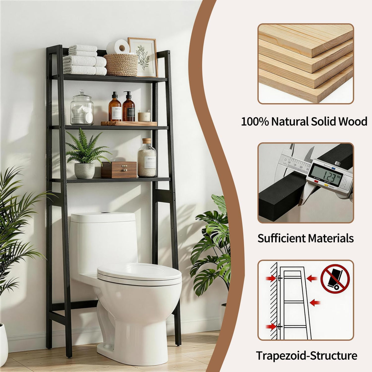 Over The Toilet Storage, Wooden 3-Tier Over-The-Toilet Rack Bathroom Space Saver Organizer, Freestanding Above Toilet with Toilet Paper Holder and Hooks（Black）