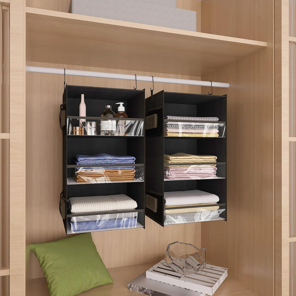 3 Shelf Hanging Closet Organizer Front Lip Design, Wider and Foldable Hanging Closet Wardrobe Storage Shelves with 4 Side Pockes, Clothes Handbag Shoes Accessories Storage, Black