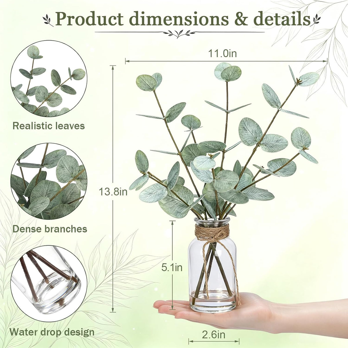 Coferset Artificial Eucalyptus Stems in Glass Vase with Faux Water, Green
