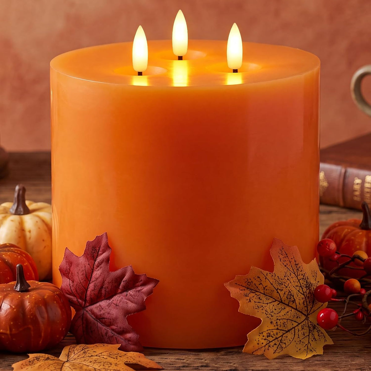 Retisee 1 Pack Orange Extra Large Flameless Candles 6" x 6"