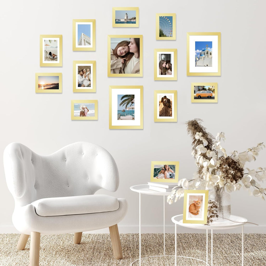 JCJMY 15 Pack Picture Frames Collage Wall Decor for Wall Hanging or Tabletop, Gallery Wall Frame Set for Family, Multi Sizes Photo Frames Collage Including 3Pcs 8x10, 6Pcs 5x7, 6Pcs 4x6, Gold