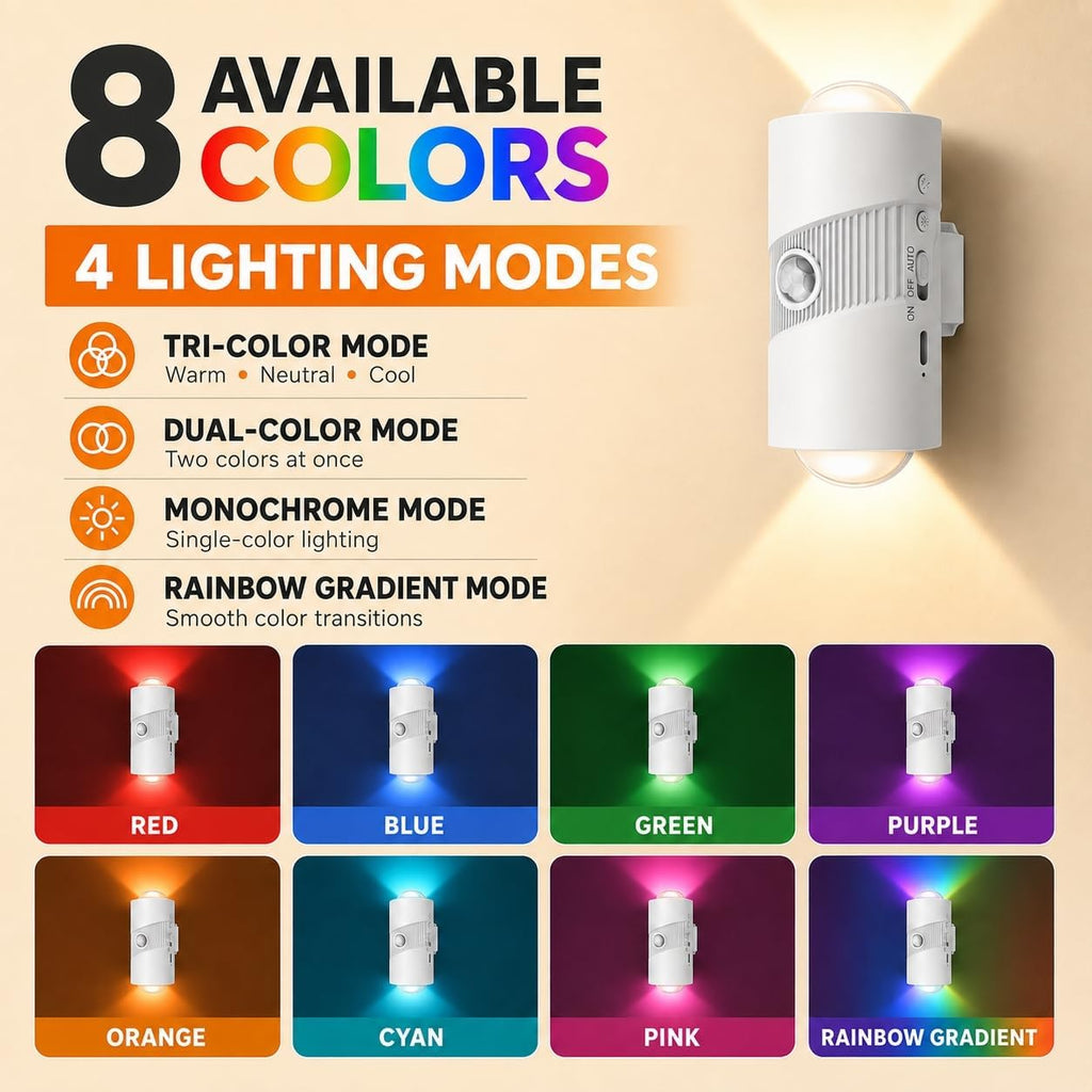 2 Pack Motion Sensor Night Lights, 8 Colors, 4 Brightness Levels