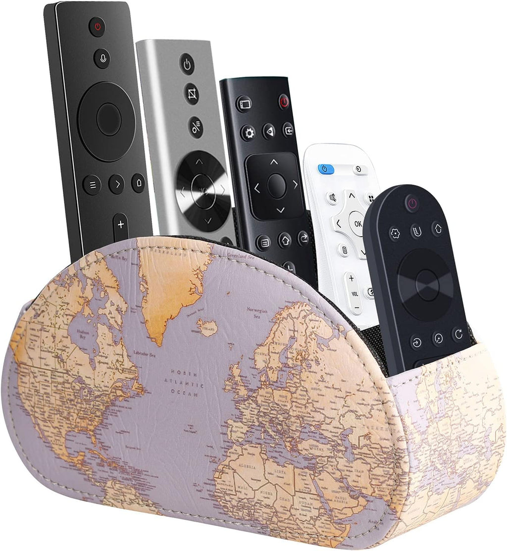 Remote Holder for Table, PU Leather TV Remote Caddy with 5 Compartments for Cosmetics Office Supplies, Gifts for Men, Morden World Map Purple PH69