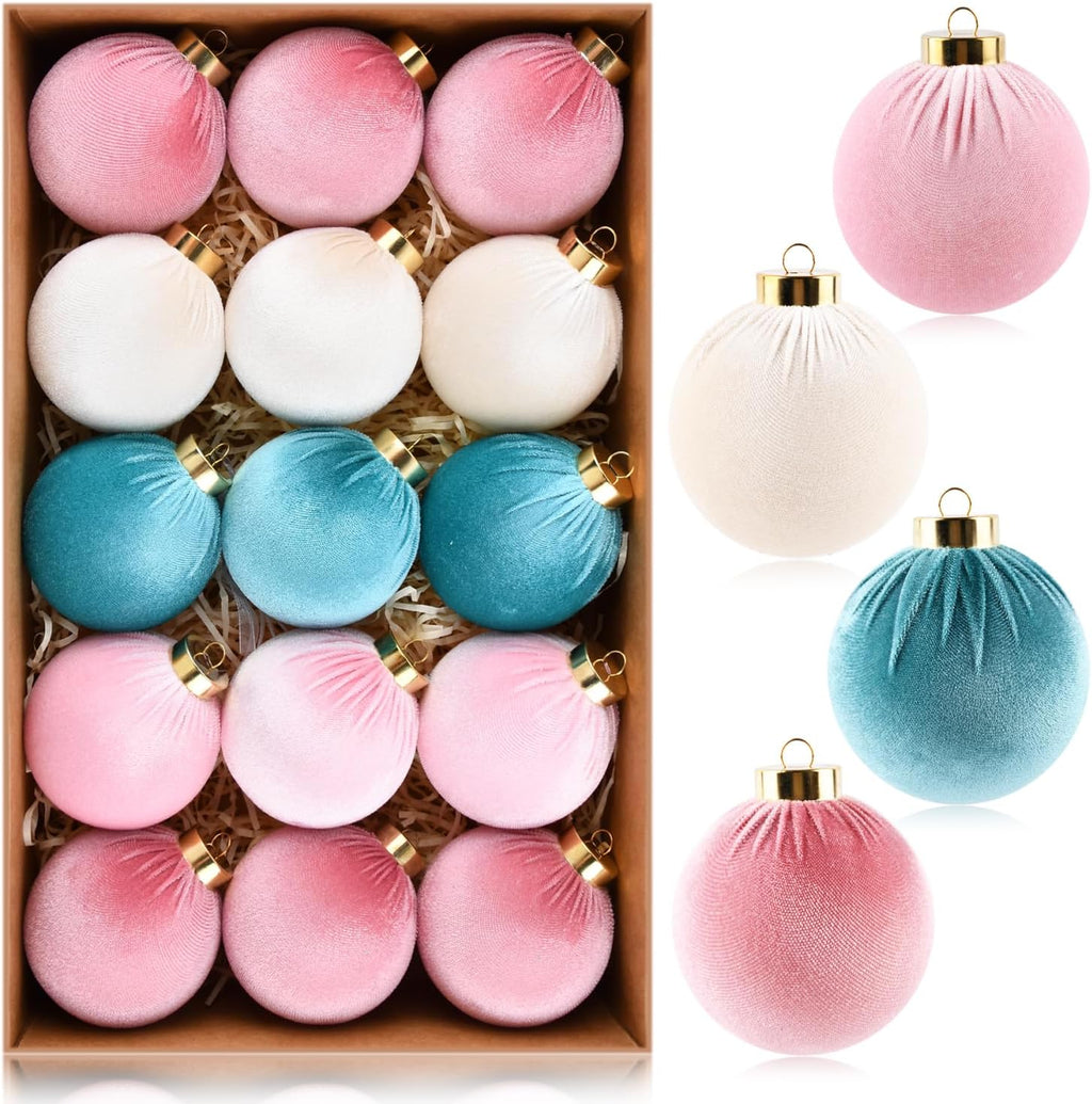 Velvet Christmas Ornaments Balls for Tree - 15pcs Pink & Teal Christmas Ornaments Shatterproof for Xmas Decorations - Multicolor Pink Teal Beige 80mm 3.15inch