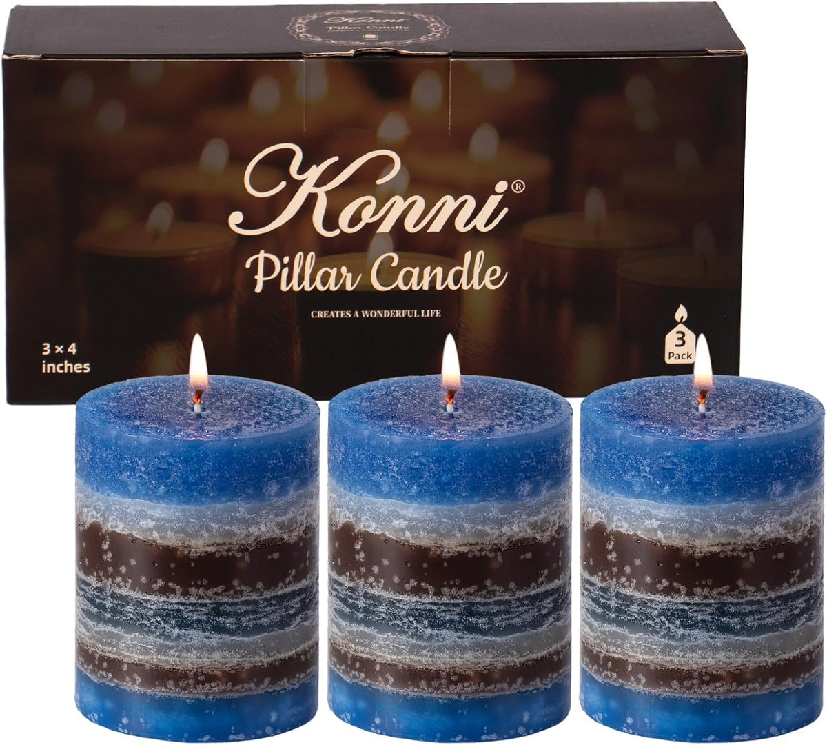 KONNI Layered Pillar Candles Set of 3, 3"x 4" Table Decor Blue Coffee