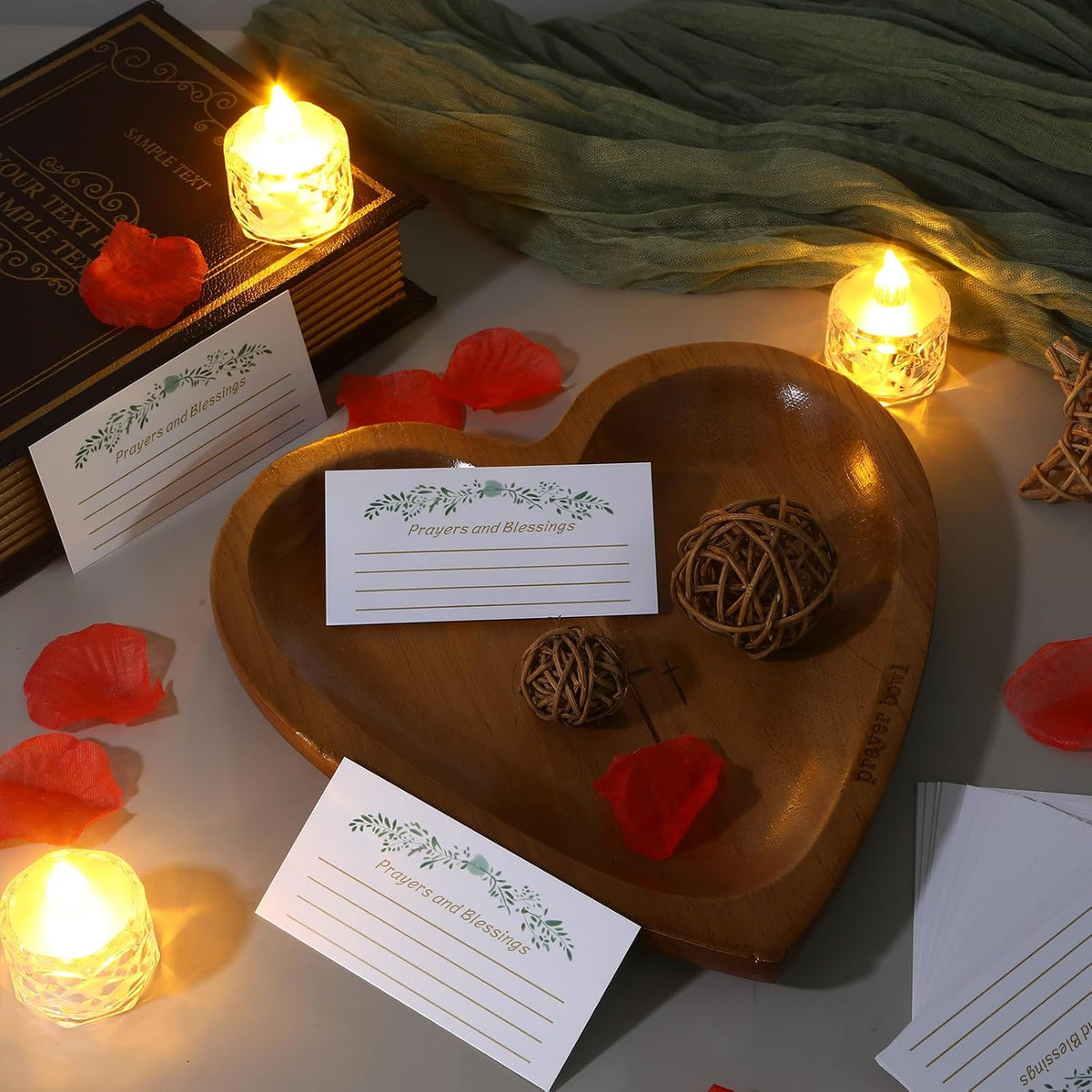 Heart Prayer Bowl with Cross, Dough Wooden Prayer Bowl with Engraved Cross and 24 Cards, Religious Christian Gifts for Women Devotional Prayer Gifts Prayer Room Decor