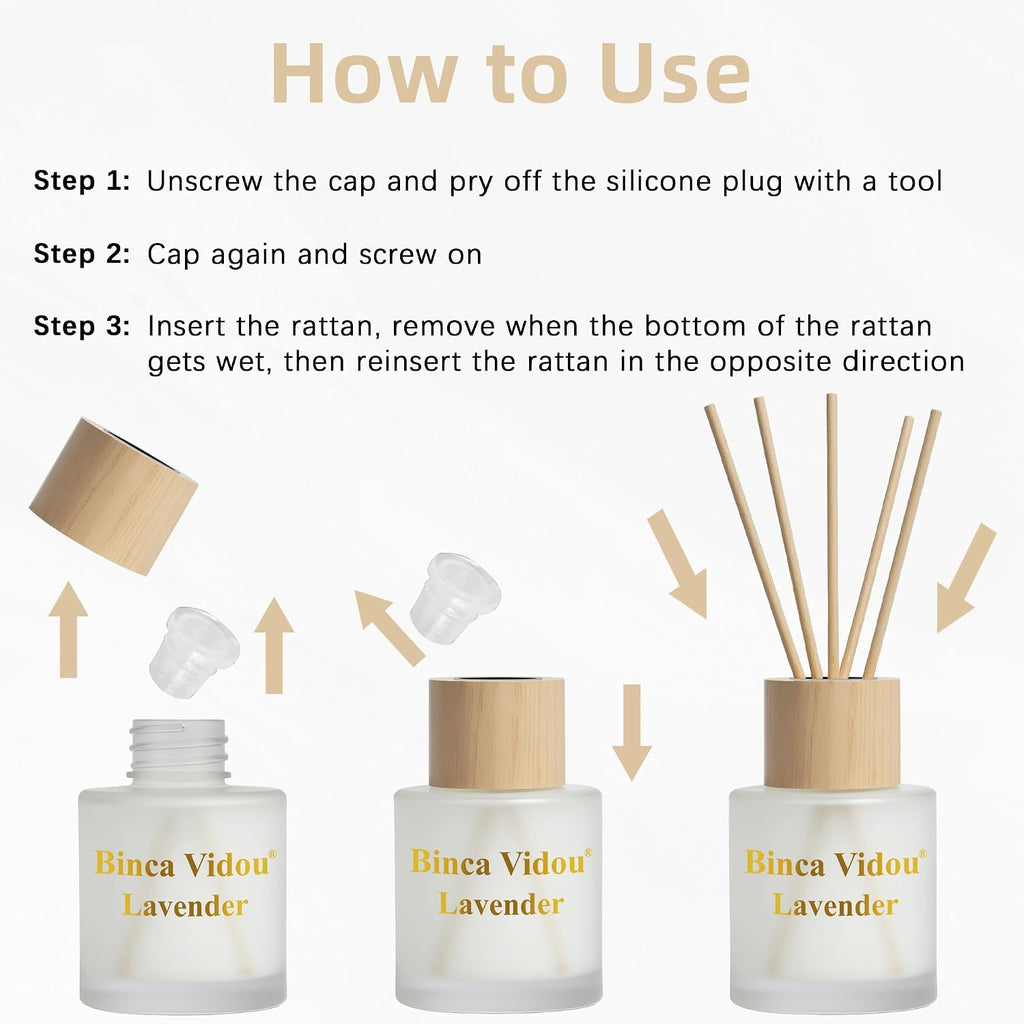 Reed Diffuser Set, Binca Vidou Lavender Linen Jasmine Natural Scent 1.69oz X 3