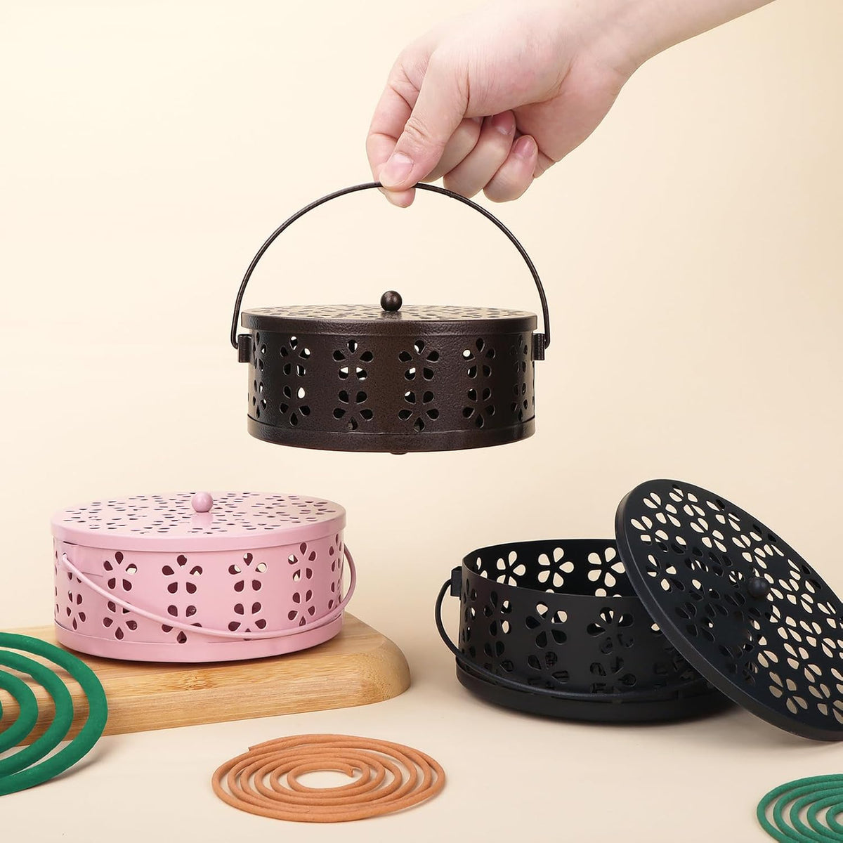 Mosquito Coil Holder 2 Pack Citronella Incense Coil Burner with Handle Enclosed Metal Mosquito Coil Holder for Home Camping (Black/Bronze)