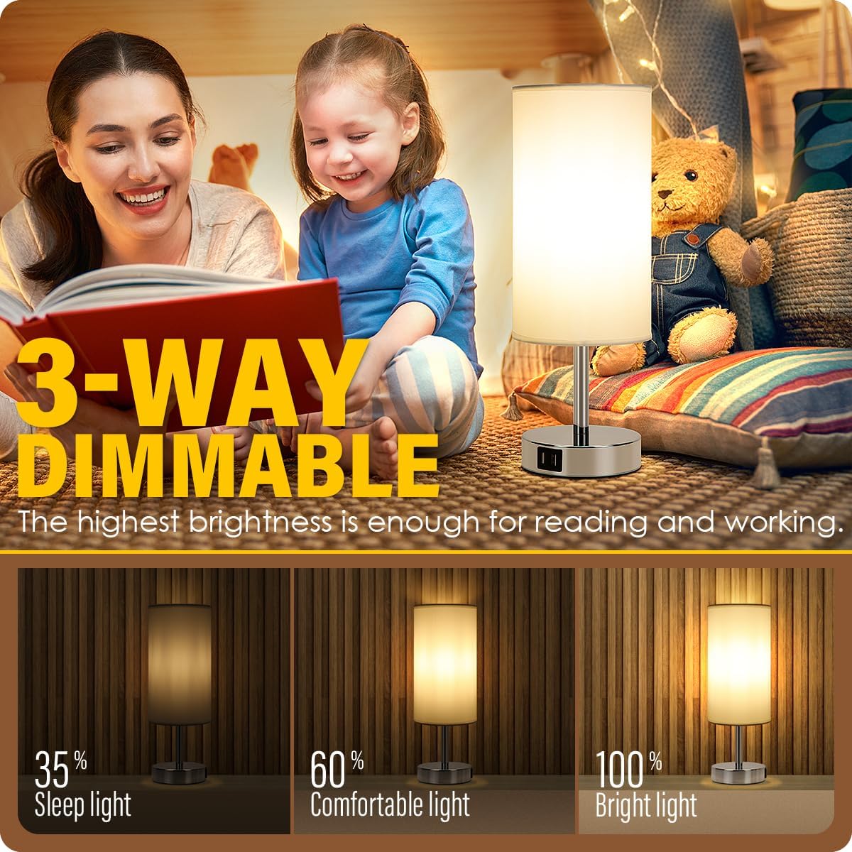 Yarra-Decor Bedside Lamps with USB Port - Touch Control Table Lamp for Bedroom 3 Way Dimmable Nightstand Lamp Set of 2 with Round White Fabric Shade for Living Room, Dorm, Home Office (White, 2 Pack)