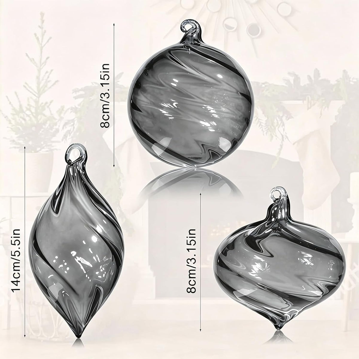 6 PCS Glass Christmas Ball Ornaments, Hand Blown Ornaments Hanging Balls,Glass Xmas Tree Home Wedding Birthday Party Holiday Decorative Set (Gray)