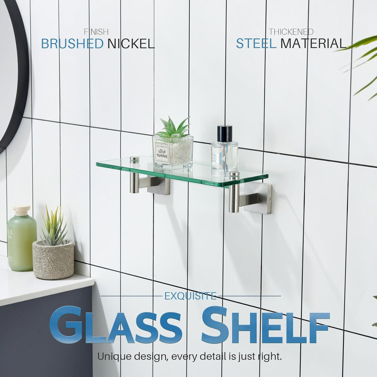 KOKOSIRI Floating Shelf Bathroom Wall Mount Shelves 12-Inch for Bedroom Living Room Kitchen Hanging Rack Brushed Stainless Steel 2 Pack B1105BR-L12-P2