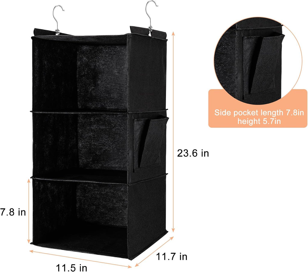 Hanging Closet Organizer and Shelves,3 Shelves with 1 Side Pockets (Black)
