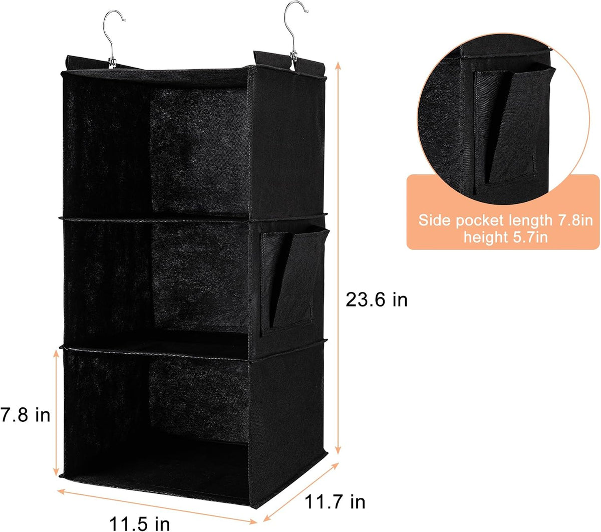 Hanging Closet Organizer and Shelves,3 Shelves with 1 Side Pockets (Black)