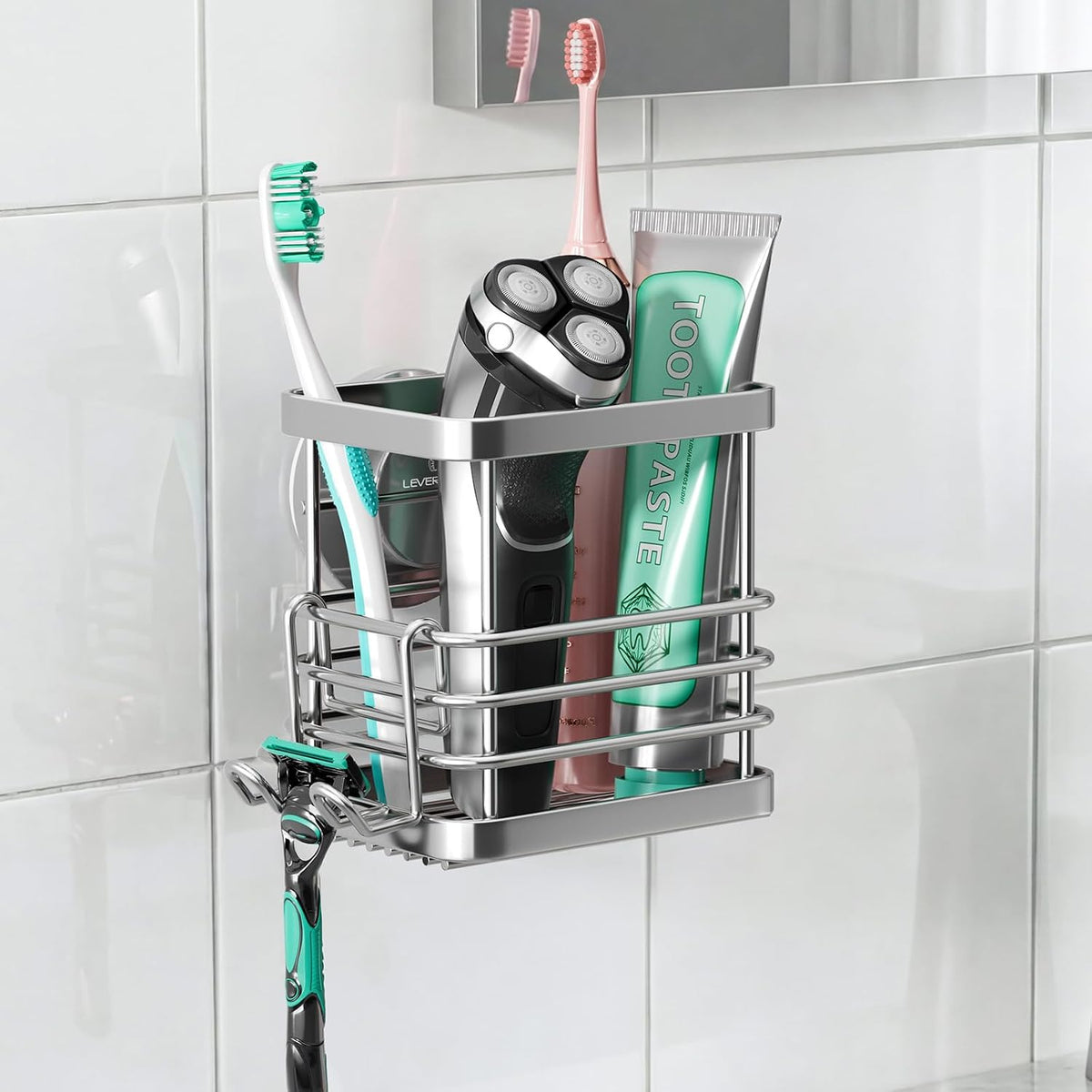 LEVERLOC Powerful Suction Cup Stainless Steel Toothbrush Holders, Silver