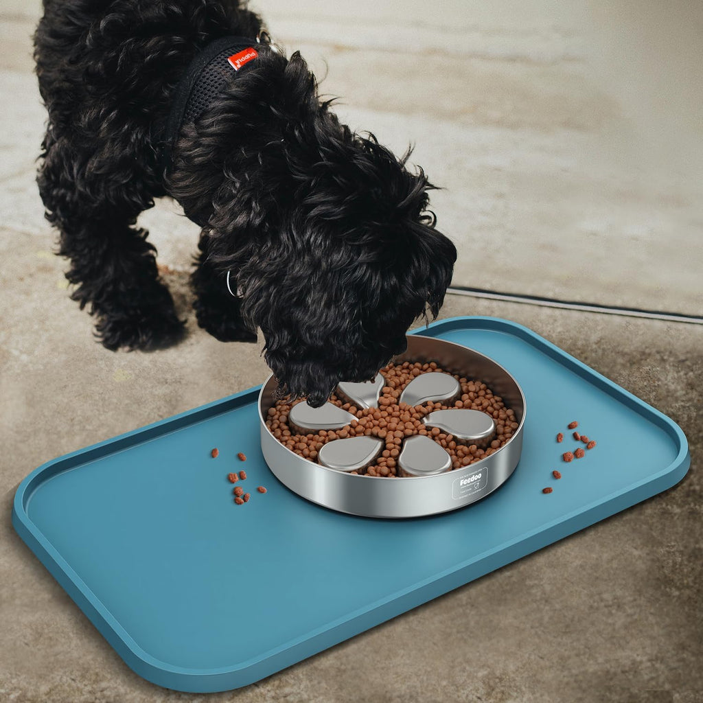 Feedoo Pet Feeding Mat [Warped Resistant Raised Edge], Water-Proof Silicone Placement for Food Water Bowls, Anti-Slip Base Protect Floor, BPA-Free&Dishwasher-Safe [23.5x13.5inch Large, Blue]