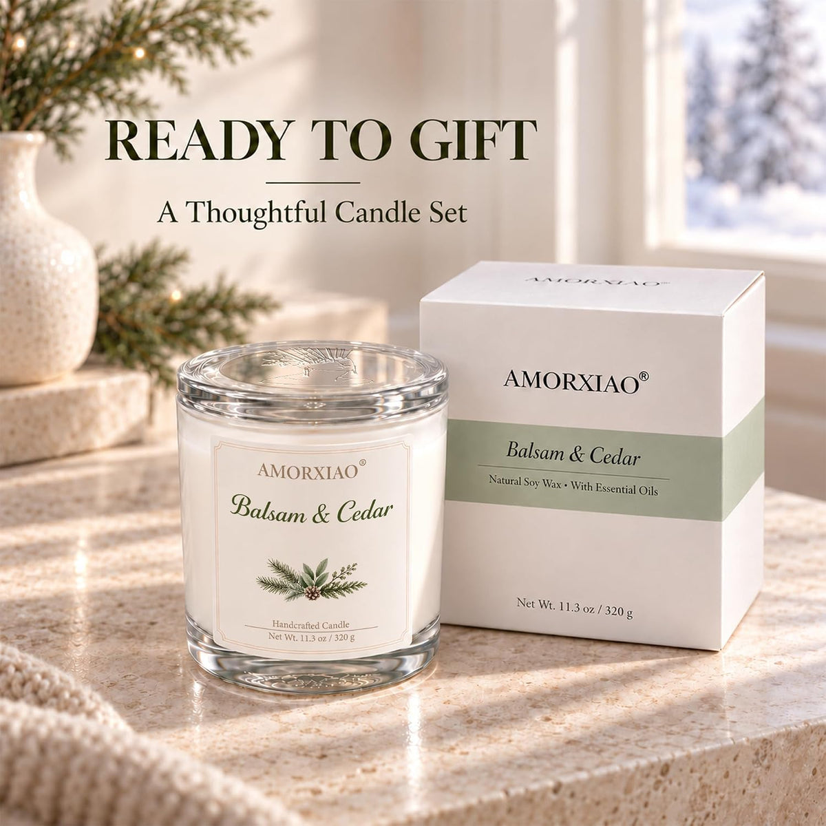 Balsam & Cedar Scented Candle, 11.3 Oz Natural Soy Wax Gift for Women