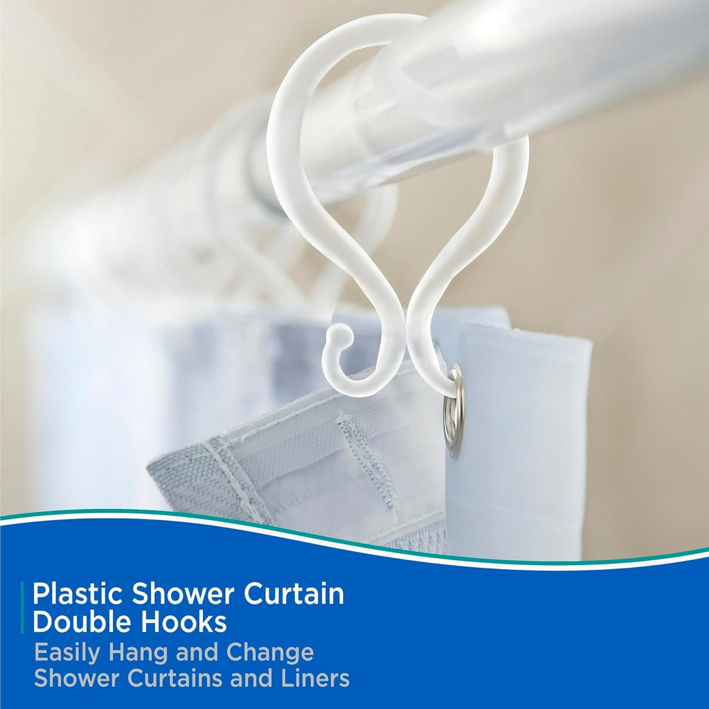 Kenney - Shower Curtain Rings, Rust-Proof Plastic Double Hooks with Smooth Glide Design, Fits Standard Shower Curtain Rods, Easy Installation, Clear, 12 Pack