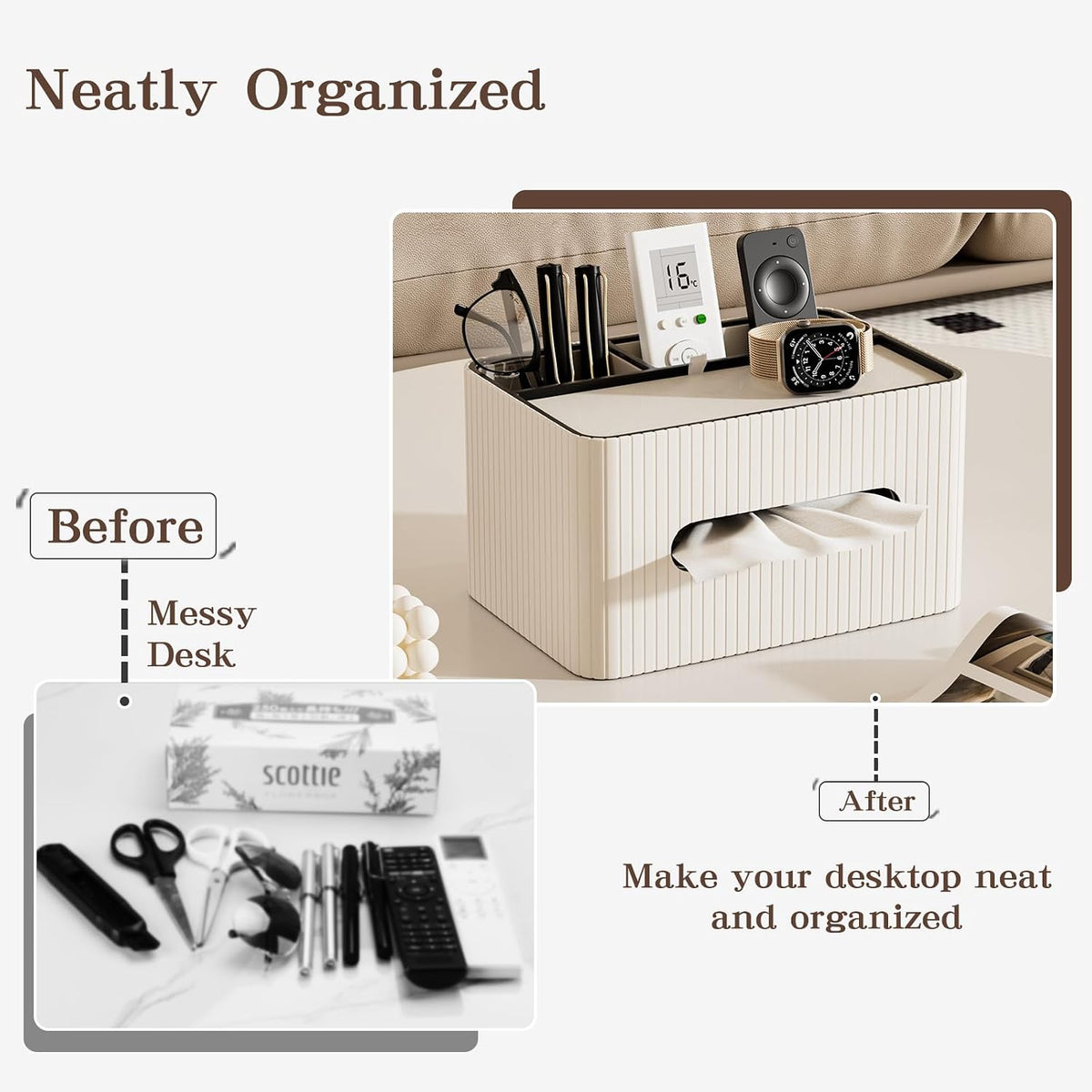 KINGFOM Leather Tissue Box Cover with Storage Tray, Decorative Tissue Box Holder Organizer for Office Desk, Bedroom & Nightstand, Remote Control Holder for Perfume, Watch, Glasses, Pens (Ivory White)