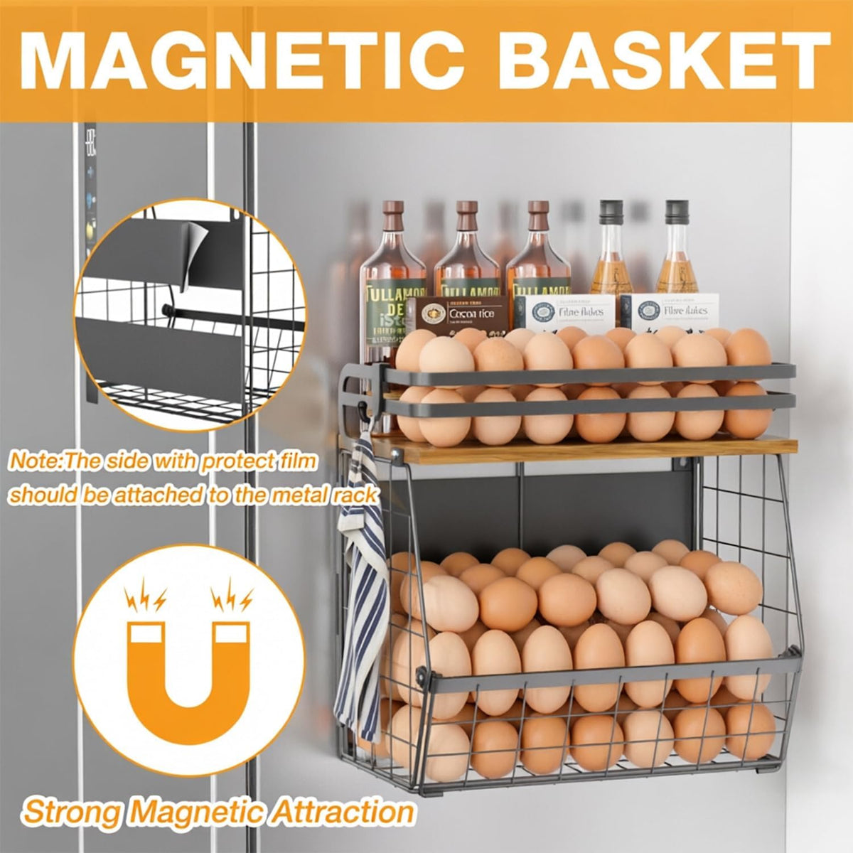 Magnetic Shelf for Fridge with Wood Lid, Large Capacity Magnetic Spice Rack for Refrigerator Kitchen Storage Bin for Fruit, Onion, Potatoes, Storage Organizer for Counter & Cabinet, Wire Basket