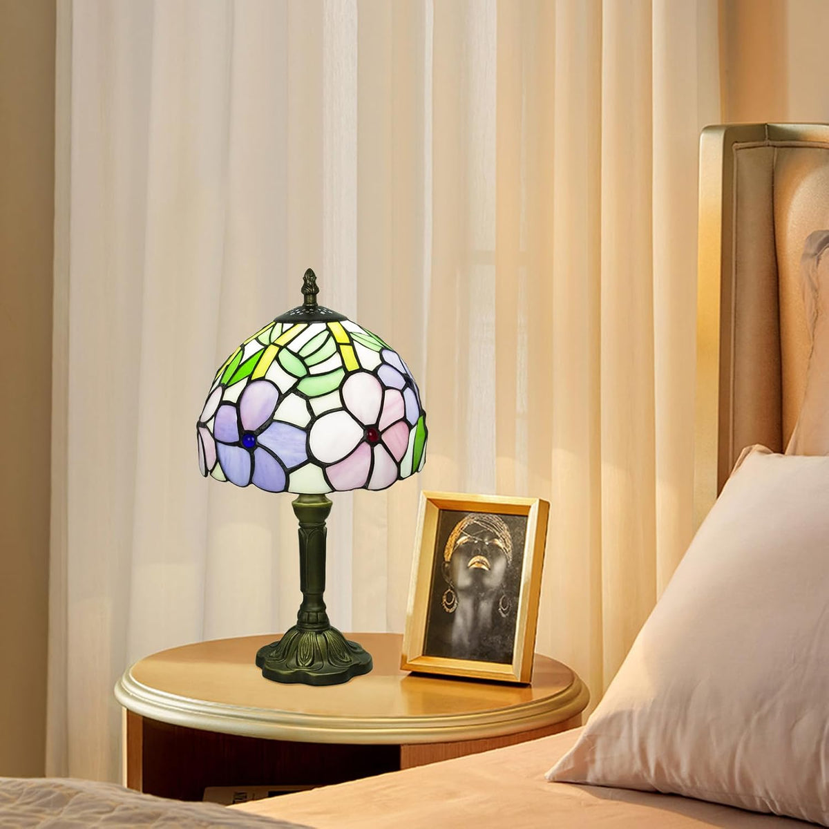 Small Tiffany Style Stained Glass Table Lamp, 8 Inch, Pansy Flower Pattern