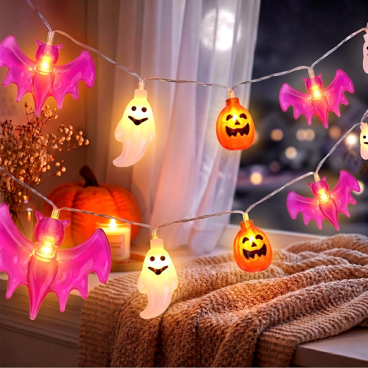Halloween String Lights Indoor: 16.4 FT 30 LED Pumpkin Ghost Bats Lighted Decorations – 8 Modes Waterproof Timer for Window Porch House Room Bedroom Party Decor