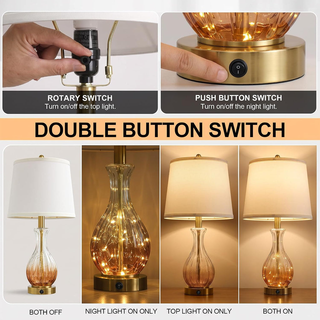 Oneach 22" Amber Glass Table Lamps with Fairy Light for Bedroom Nightstands