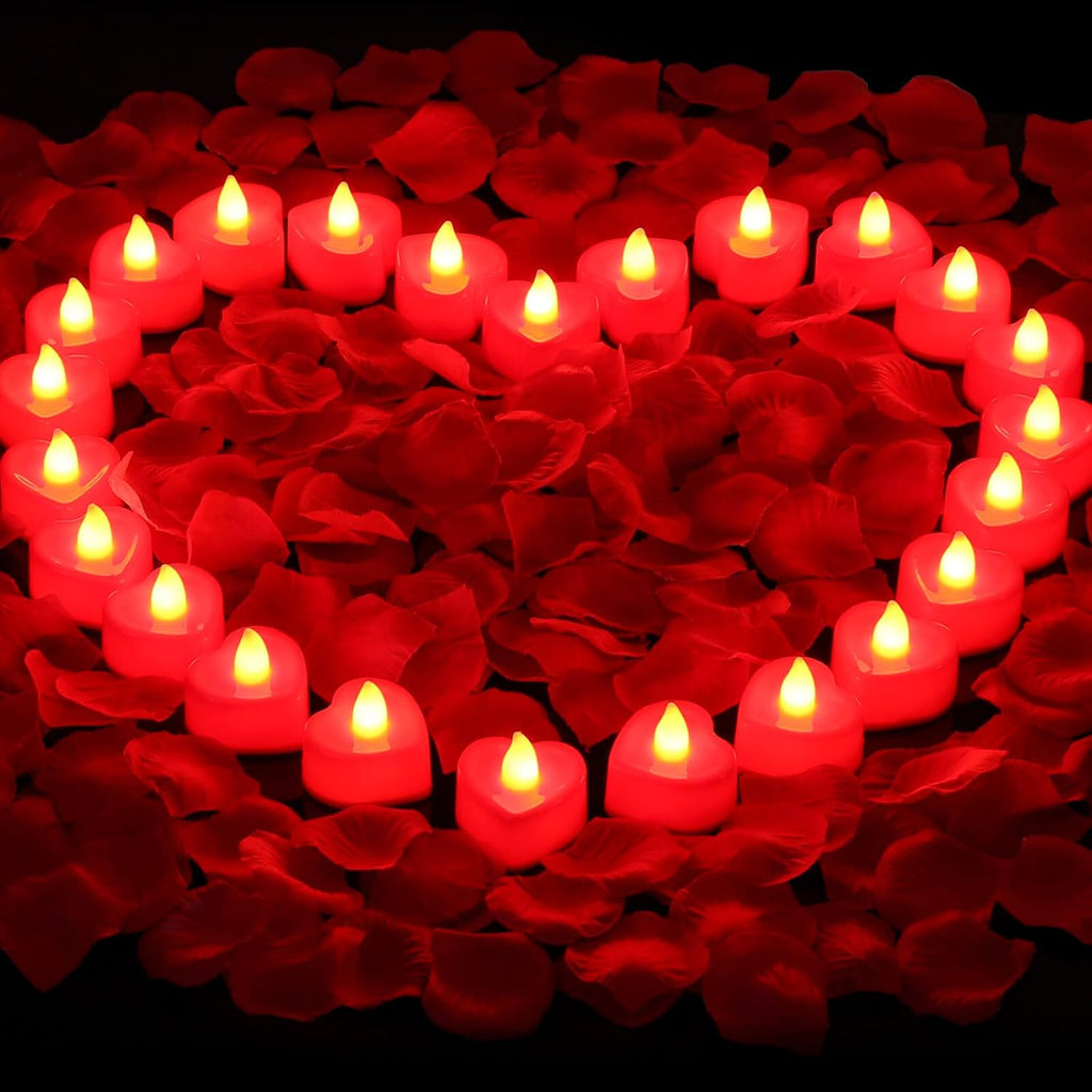 Cridoz Rose Petals for Romantic Night - Artificial Red Rose Petals with LED Candles for Decoration, Wedding, Valentine's Day
