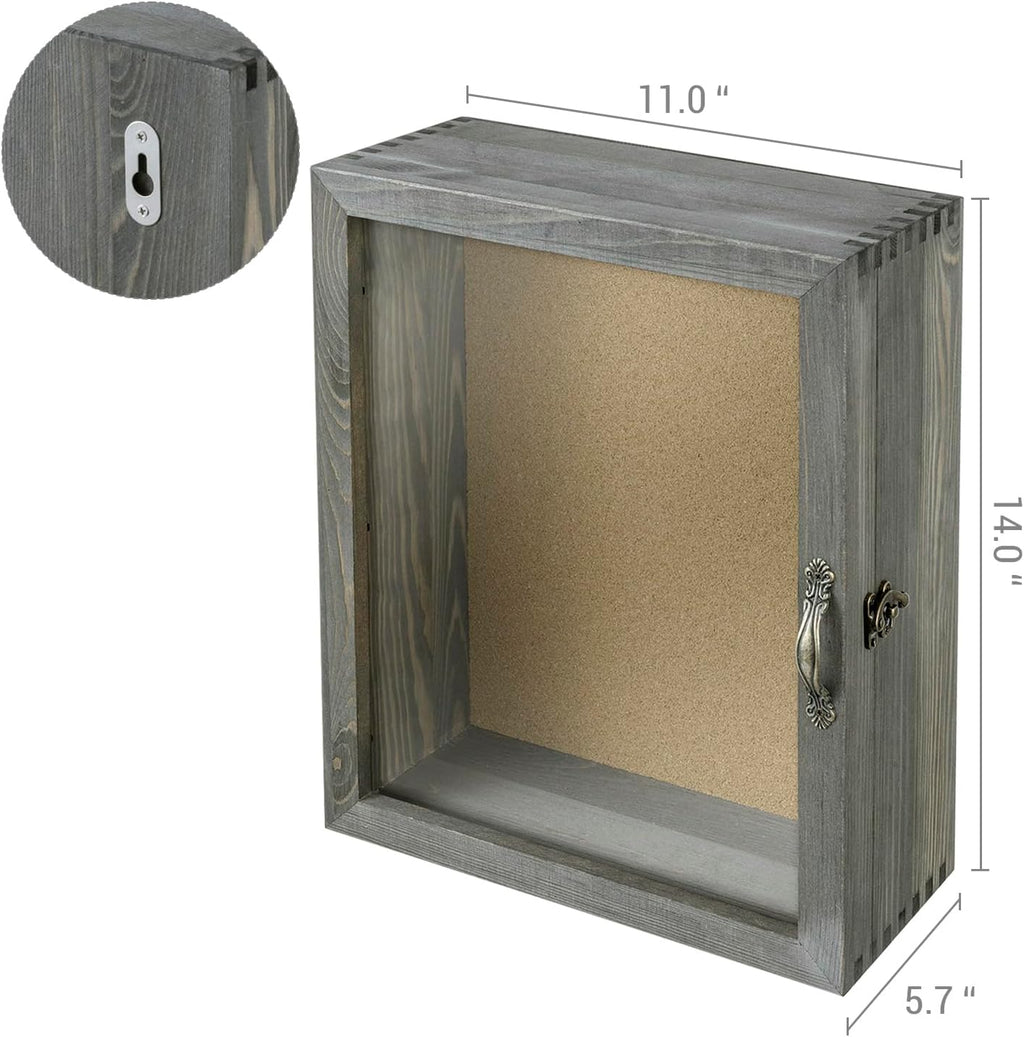 MyGift 11x14 Vintage Gray Solid Wood Deep Shadow Box with Cork Board Backing, Wall Mounted Display Case with Clear Acrylic Front Window Panel, Metal Handle