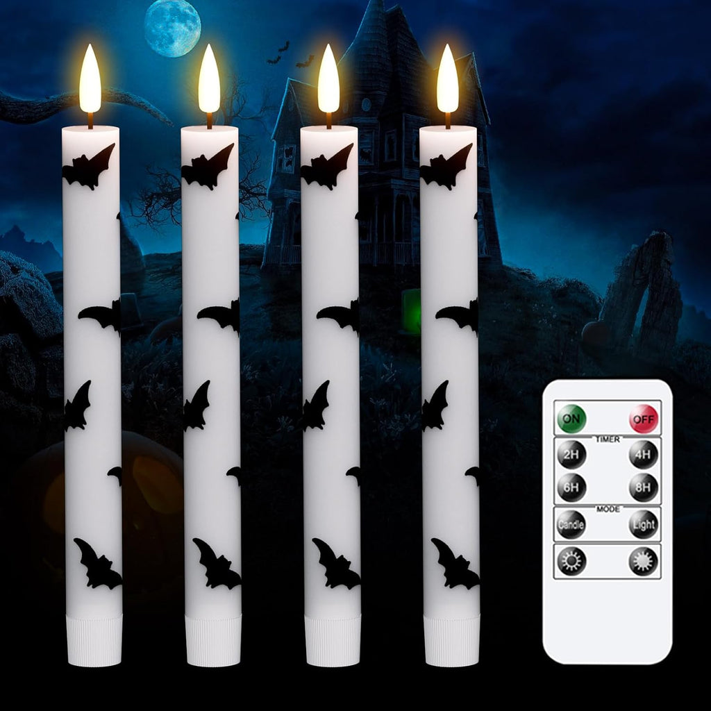 GenSwin Halloween Flameless Taper Candles, 4 Pack LED Taper Candles Battery Operated with Remote Timer, Real Wax White Flickering Flameless Candlesticks with Bat Prints for Spooky Decor(0.75” x 9.65”)