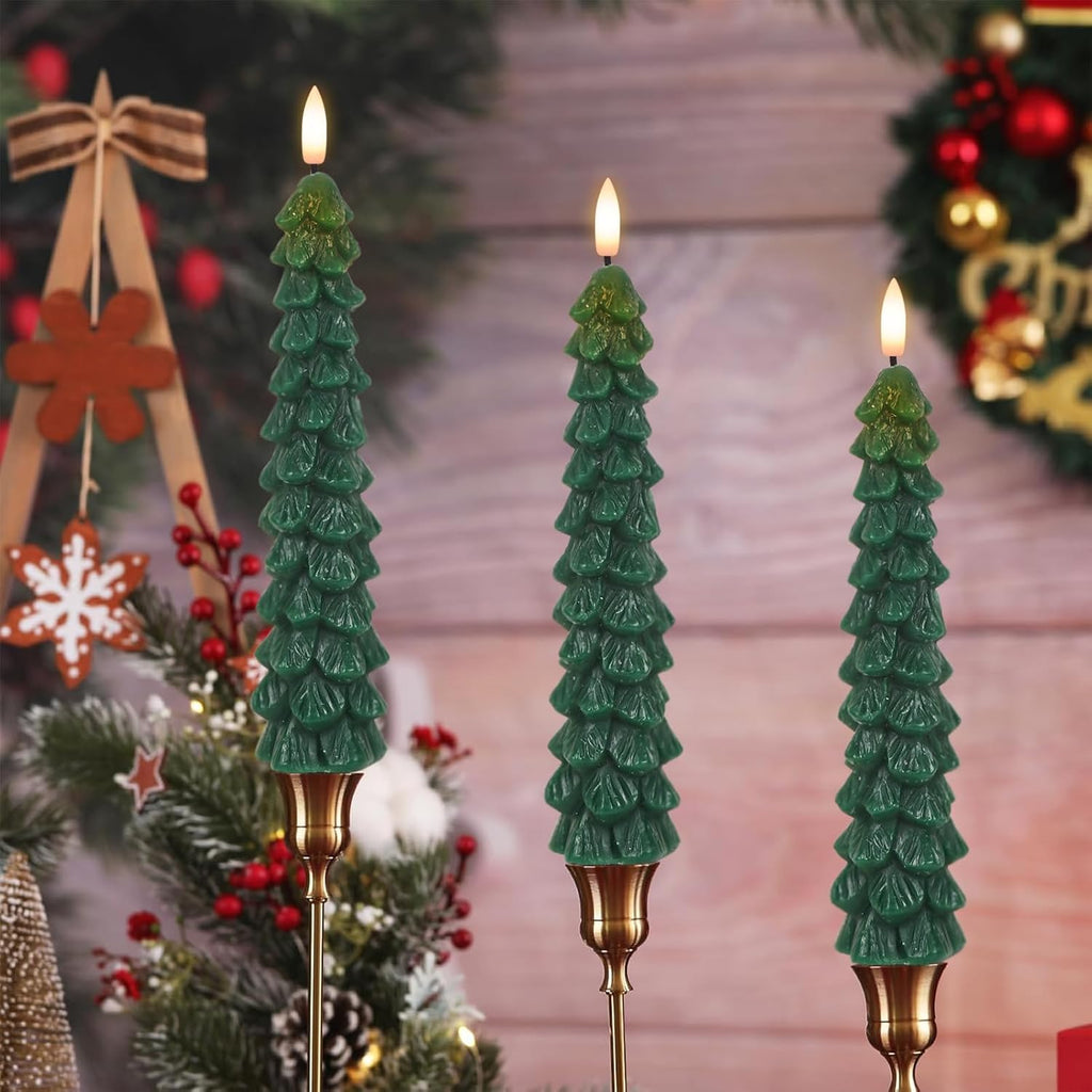 Green Christmas Tree Flameless Taper Candles Battery Operated Remote Timer