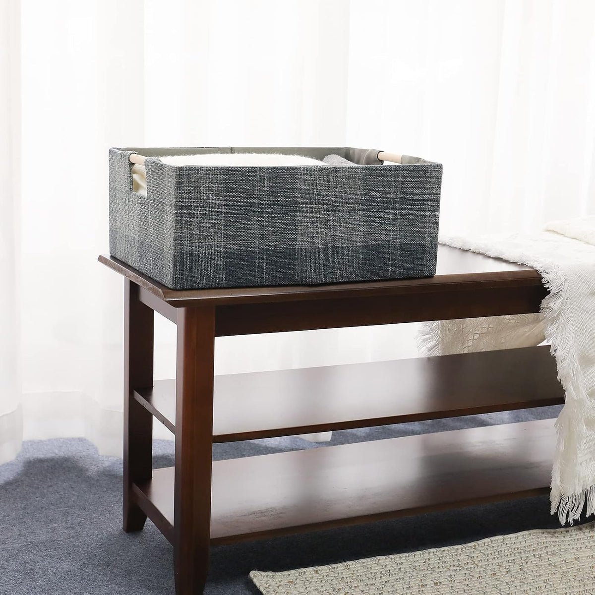 Fabric Storage Box, 15x11in Foldable Cotton Linen Basket with Wooden Handle