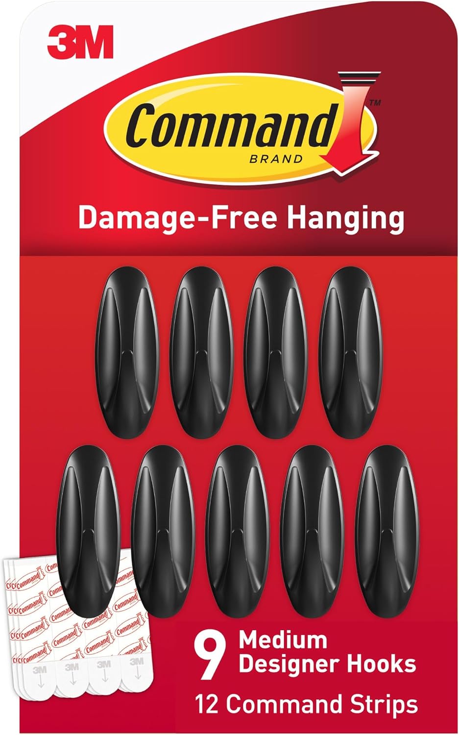 Command Medium Black Designer Hooks, 9 Hooks, 12 Strips