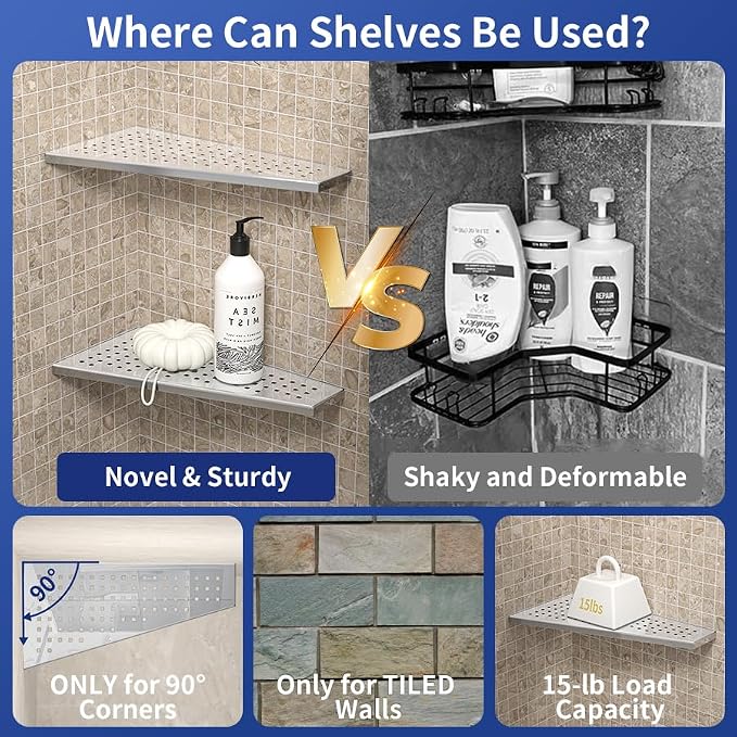 Corner Shower Shelf 12" Polished, 304 Stainless Steel