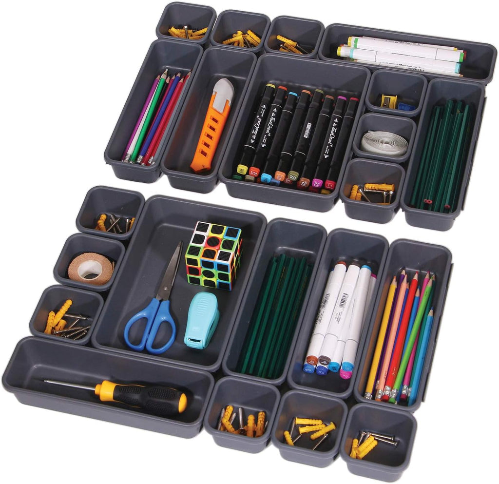 Set of 22 Interlocking Desk Drawer Organizer Tray Dividers Plastic Shallow Narrow Drawers Organizers Separators and Storage Bins Container for Kitchen Bathroom Makeup Office Vanity Bedroom Dresser