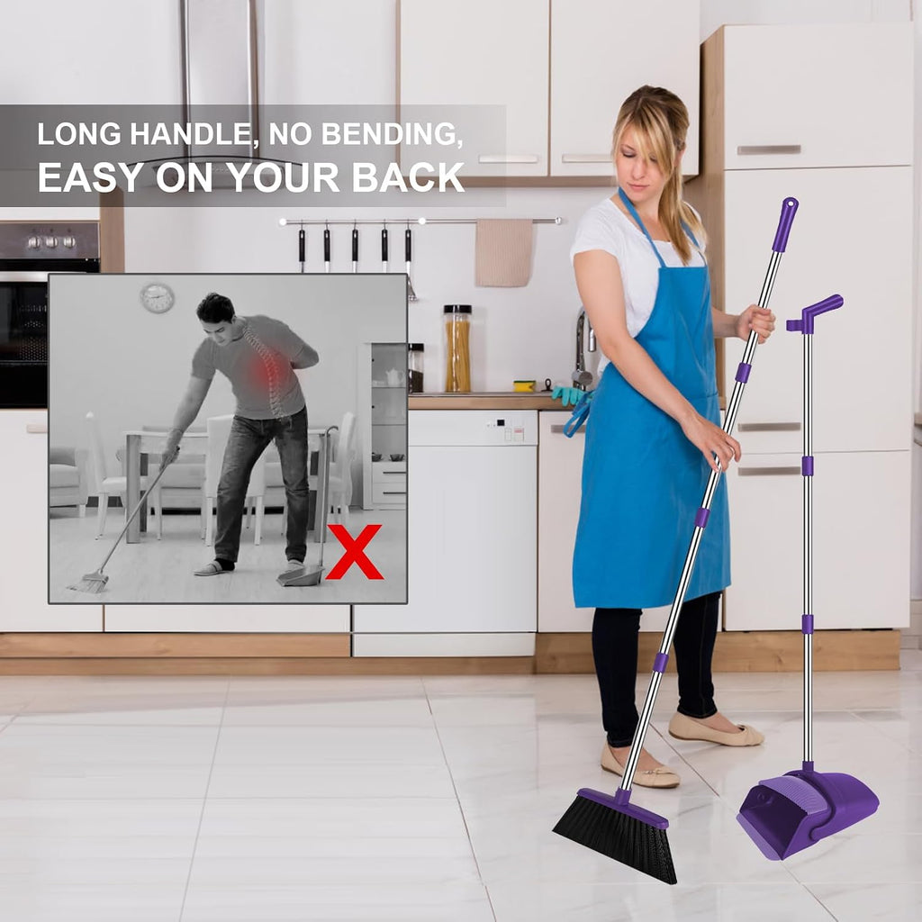 Purple Broom and Dustpan Combo Set, 51" Long Handle Broom
