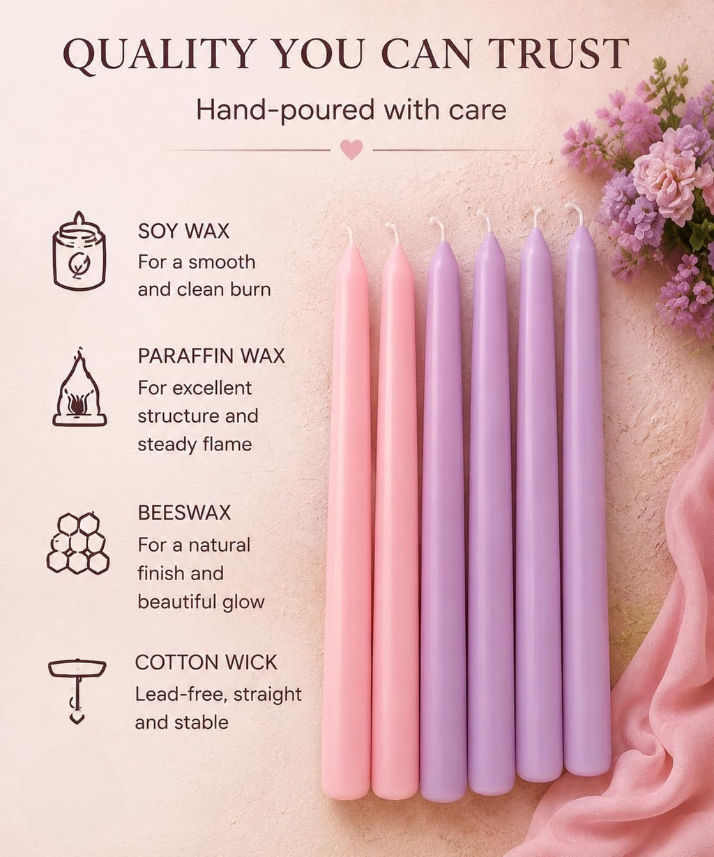 6-Pack Lavender 6-Pack Pink Taper Candles for Wedding Home Decor