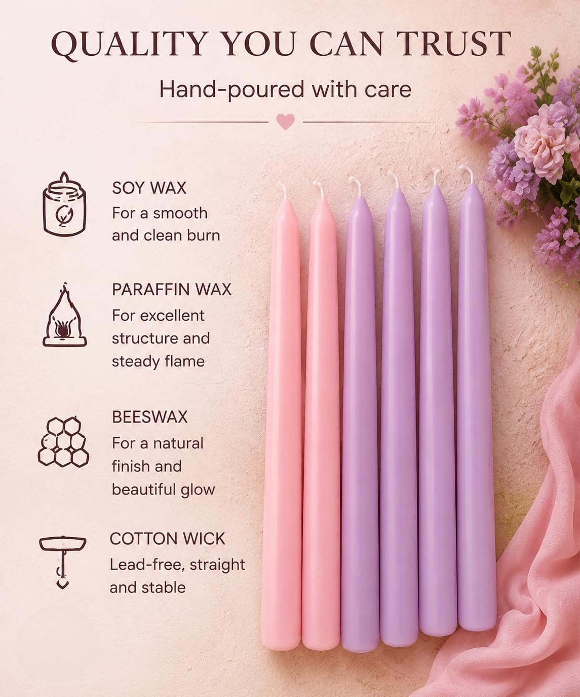 6-Pack Lavender 6-Pack Pink Taper Candles for Wedding Home Decor