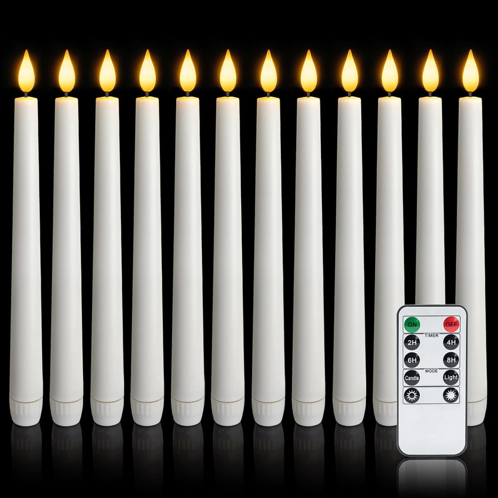 12 Pcs Flameless Taper Candles with Remote and Timer, 9.6 Inches Plastic LED Candlesticks, White Battery Operated Window Candles, for Home Wedding Christmas Party Decoration